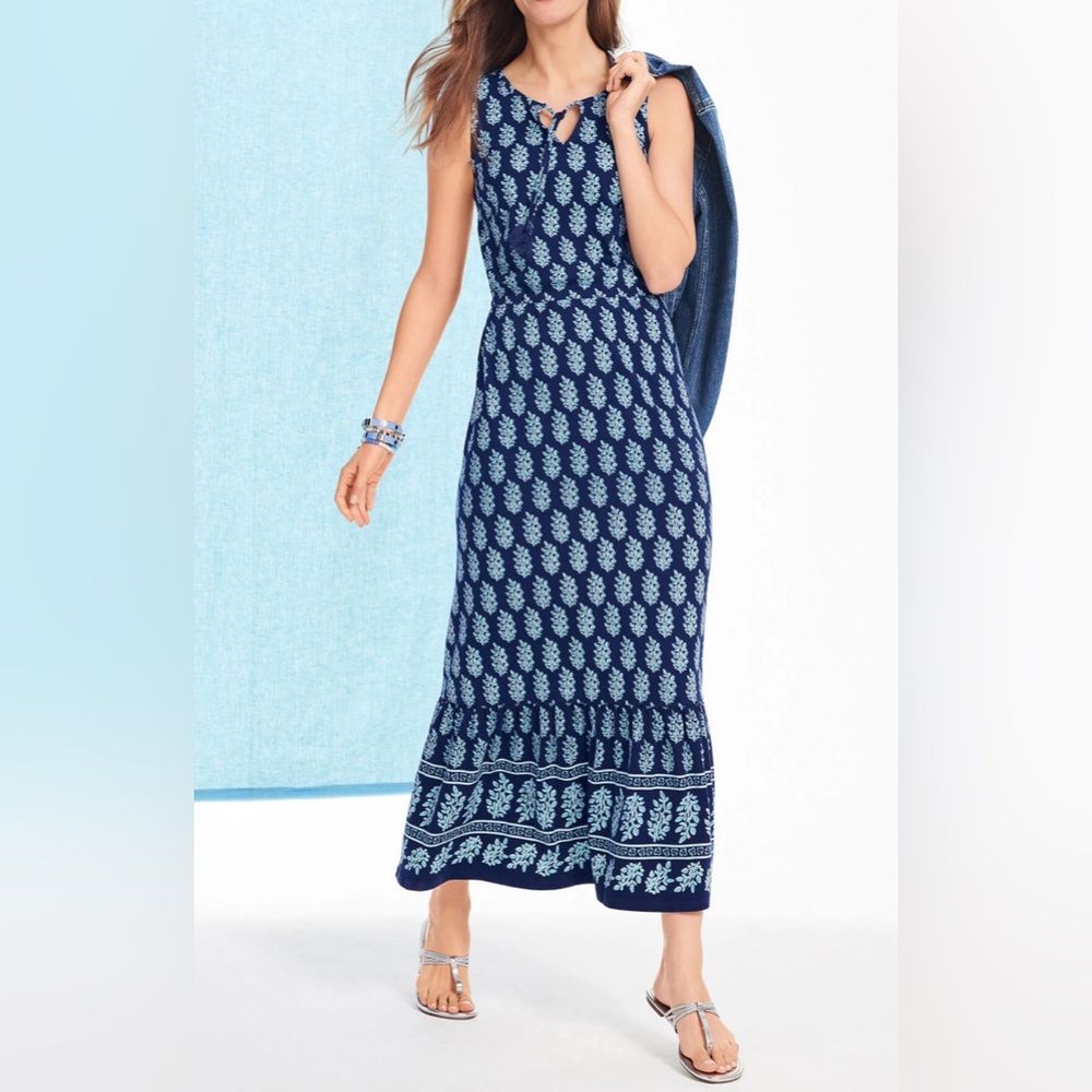 Talbots Sleeveless Jersey Maxi Dress Blue Block Print. Never worn. Small Petite